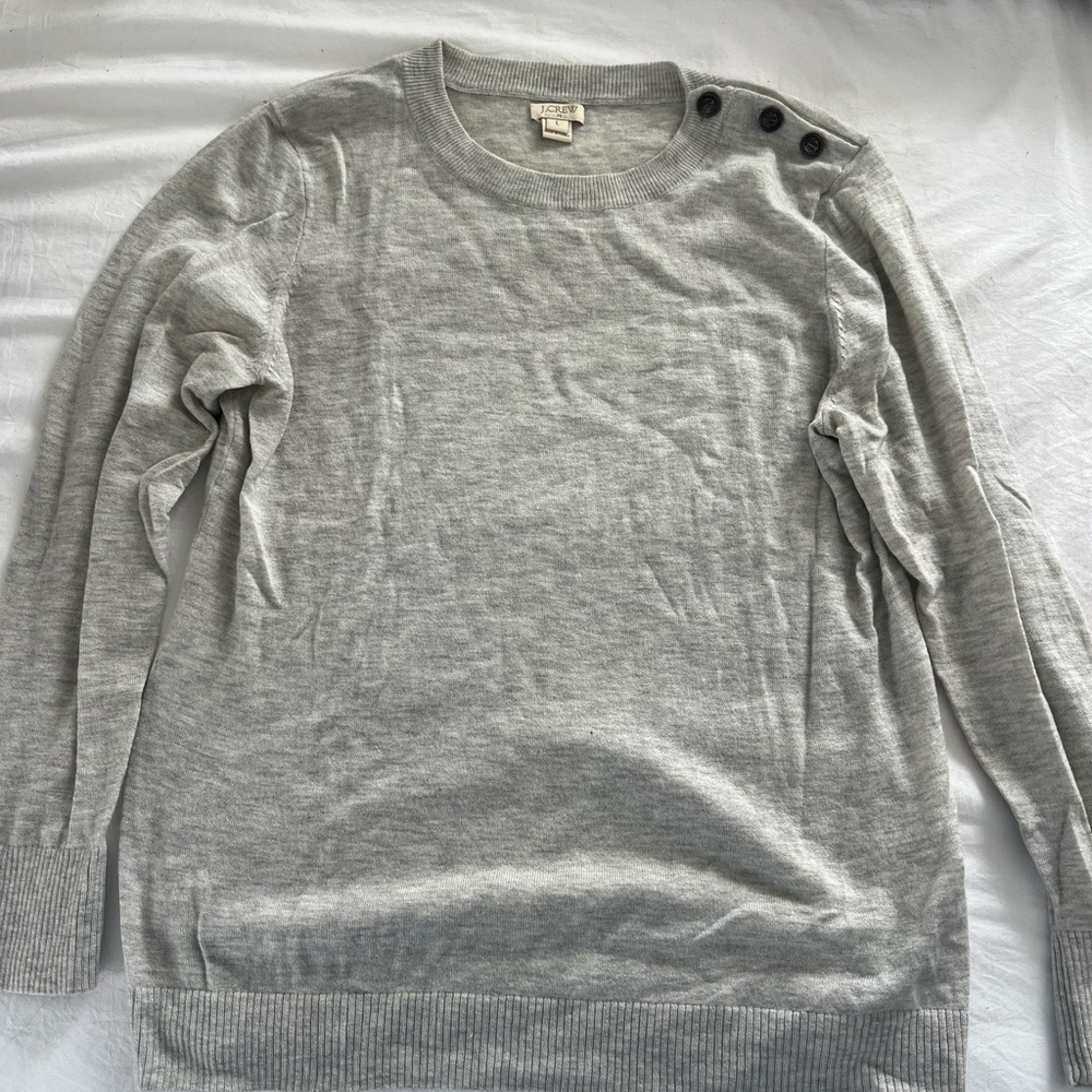 J. Crew Light Gray Crewneck Sweater with Button Detail